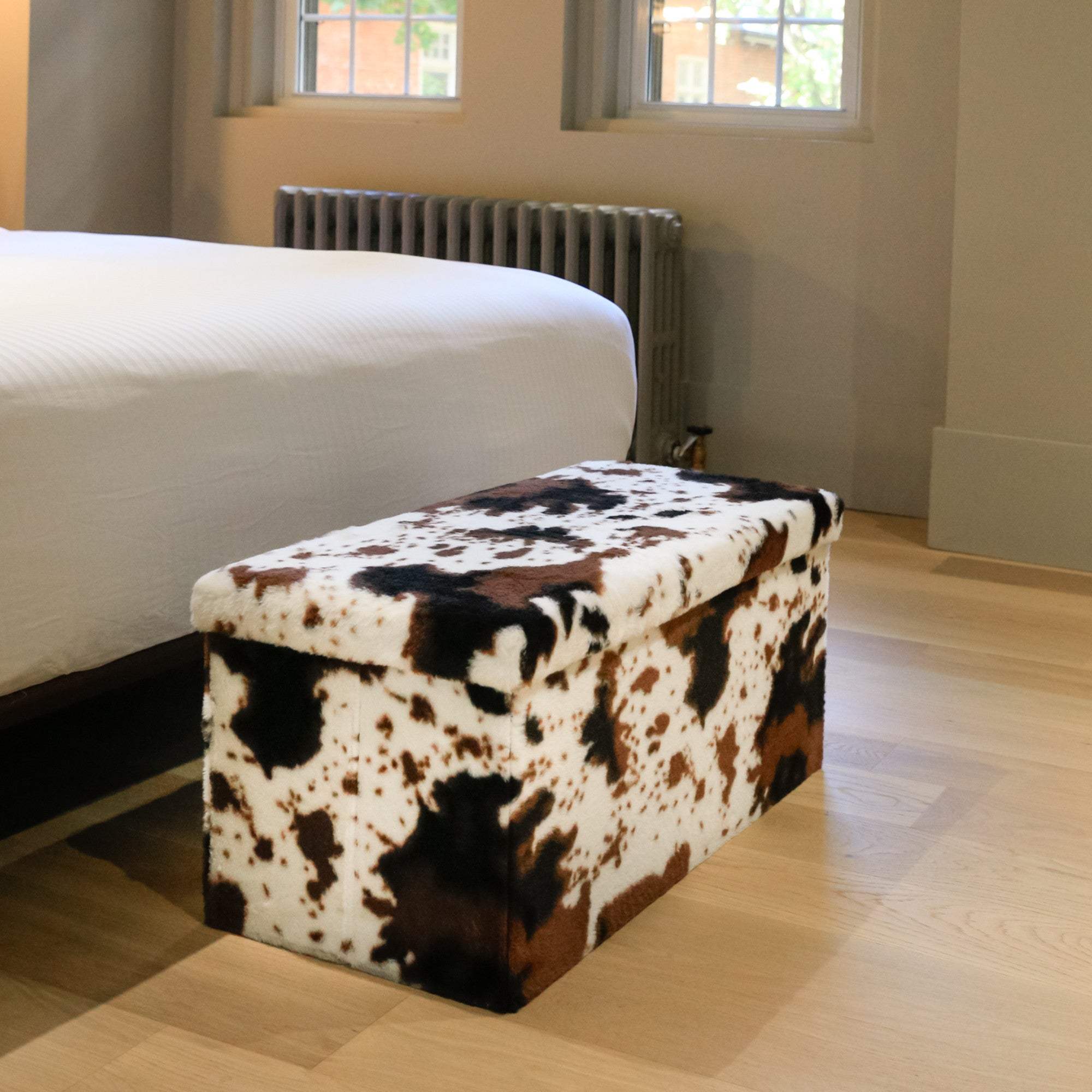 30" White and Brown Faux Fur Cow Print Storage Ottoman - HomeRoots - Flyclothing LLC