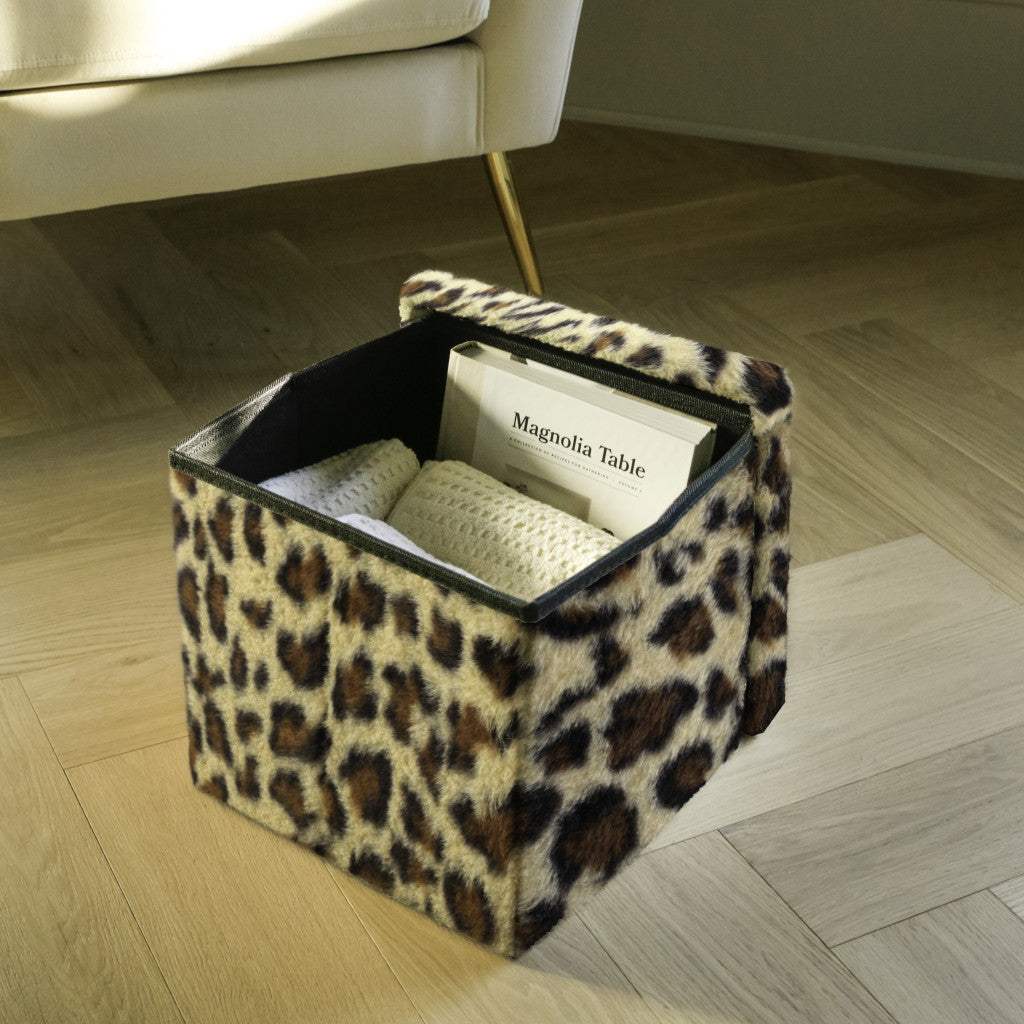 12" Black and Tan Faux Fur Leopard Storage Ottoman - HomeRoots - Flyclothing LLC