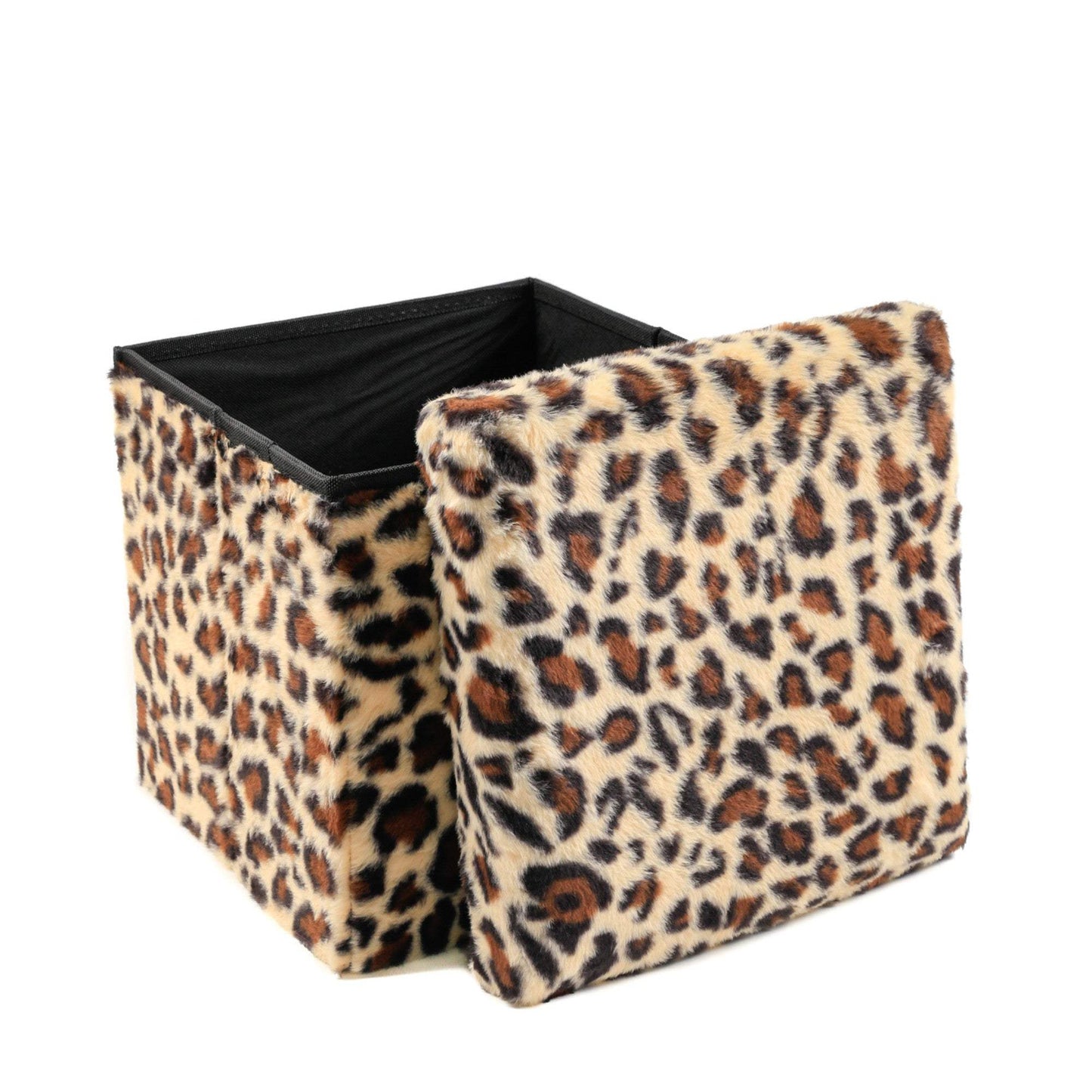 12" Black and Tan Faux Fur Leopard Storage Ottoman - HomeRoots - Flyclothing LLC