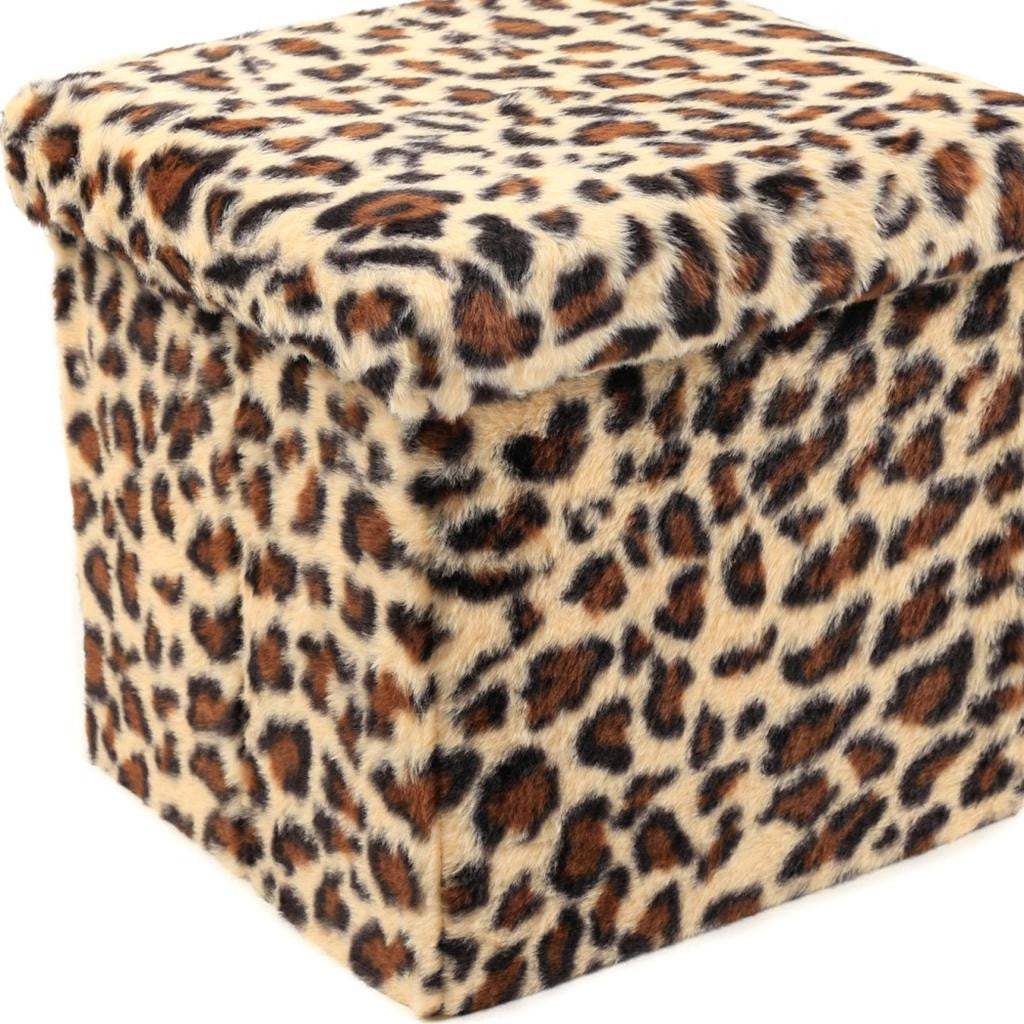 12" Black and Tan Faux Fur Leopard Storage Ottoman - HomeRoots - Flyclothing LLC