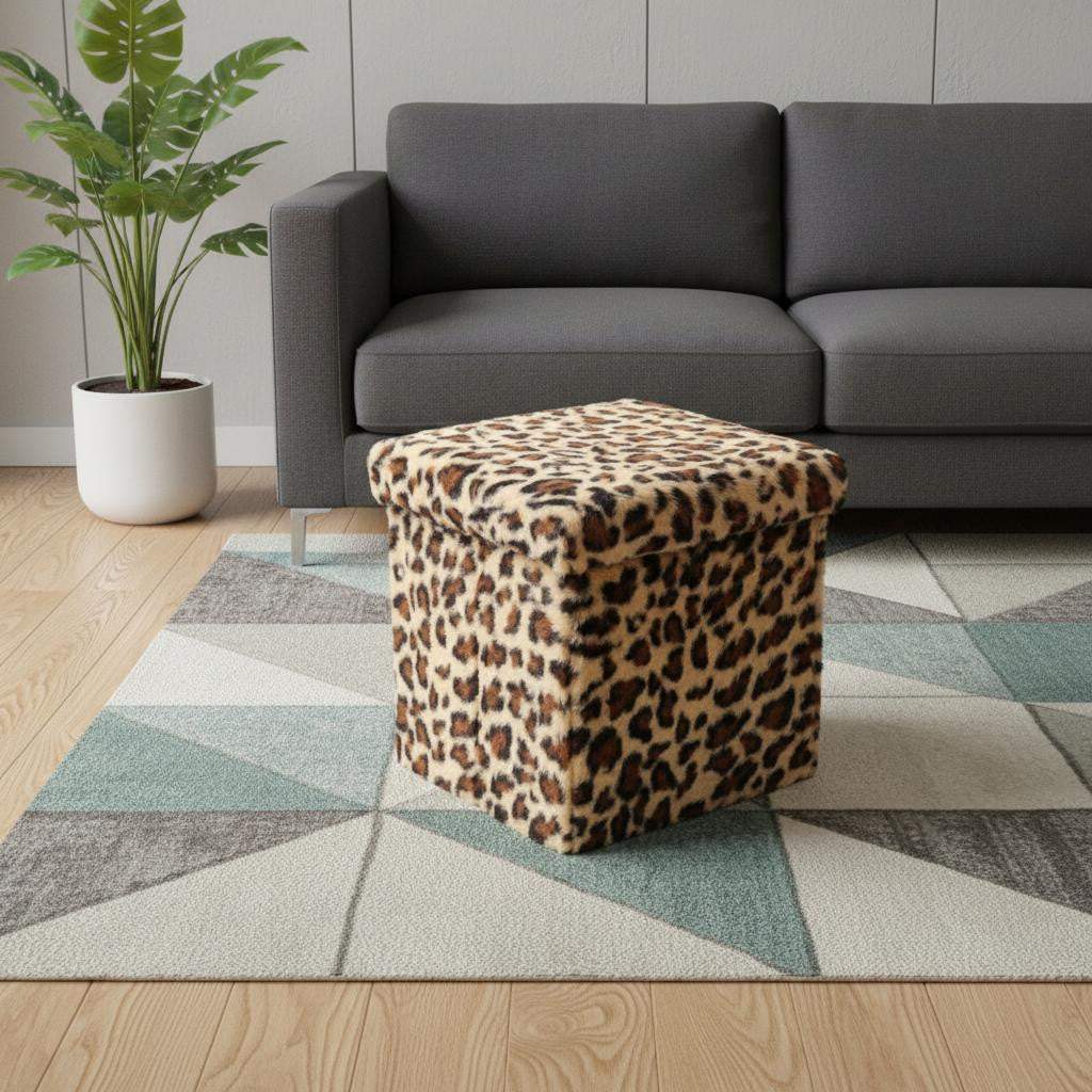 12" Black and Tan Faux Fur Leopard Storage Ottoman - HomeRoots - Flyclothing LLC