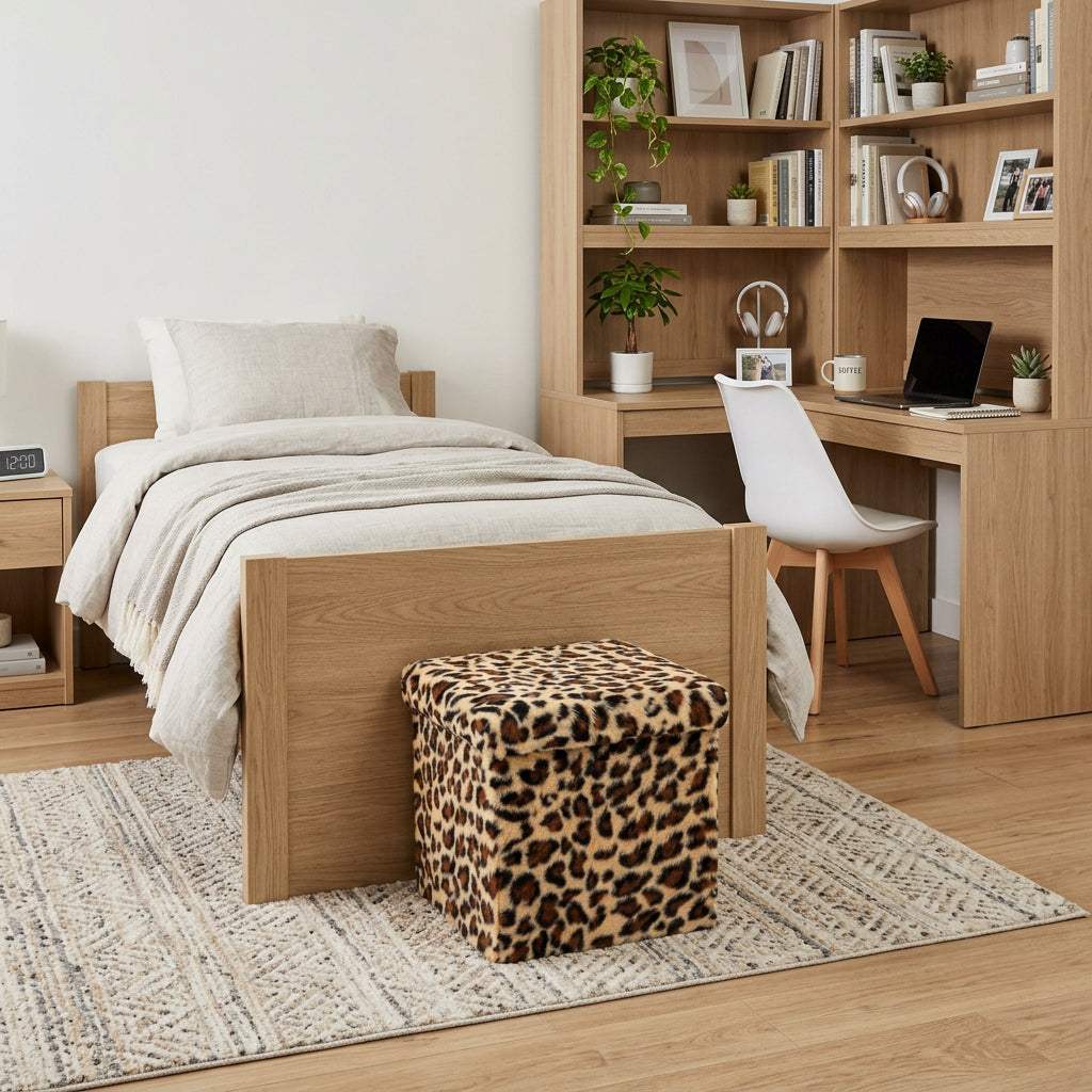 12" Black and Tan Faux Fur Leopard Storage Ottoman - HomeRoots - Flyclothing LLC
