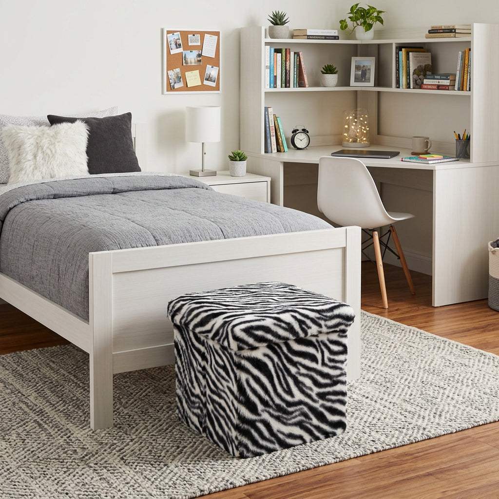 12" Black and White Faux Fur Zebra Storage Ottoman - HomeRoots - Flyclothing LLC
