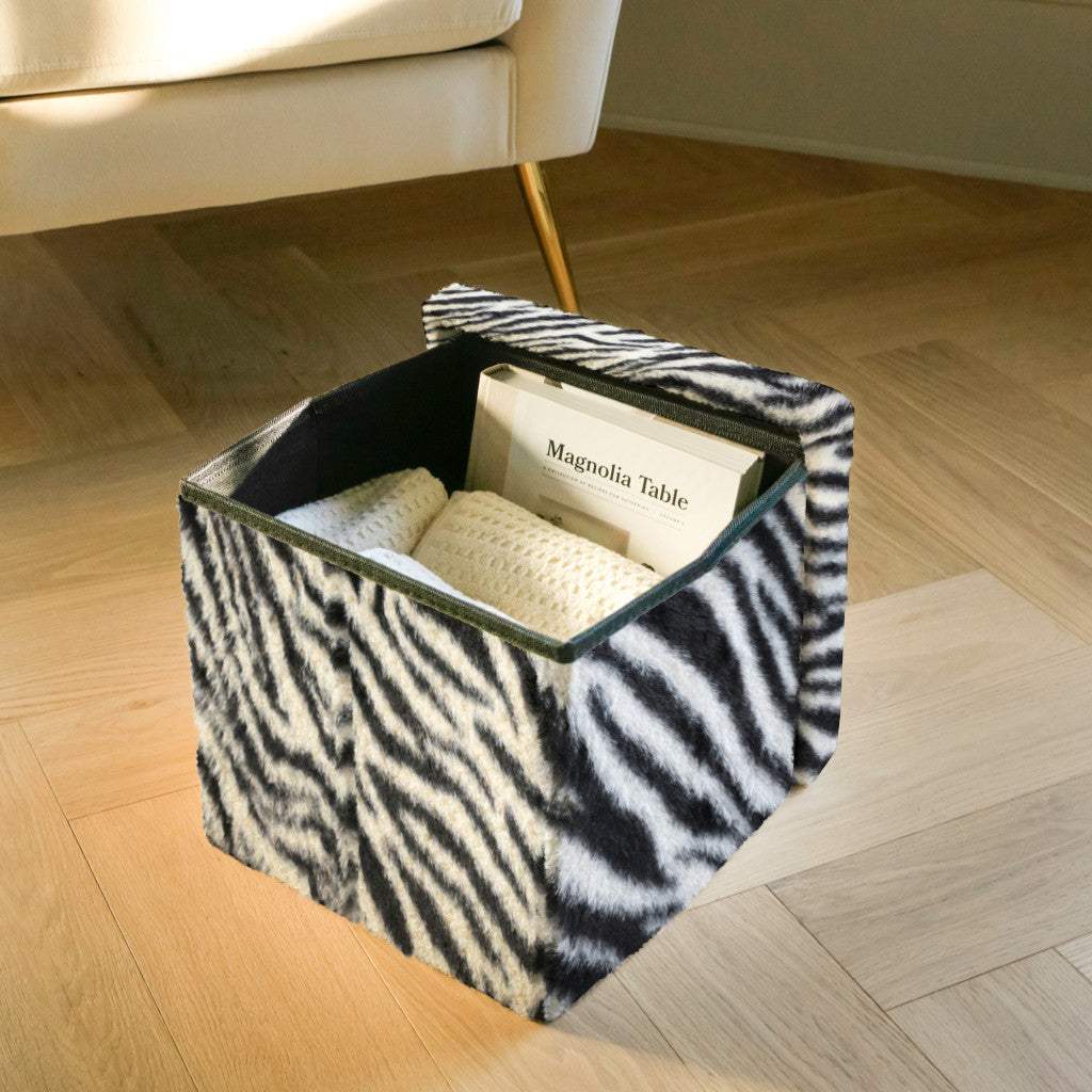 12" Black and White Faux Fur Zebra Storage Ottoman - HomeRoots - Flyclothing LLC