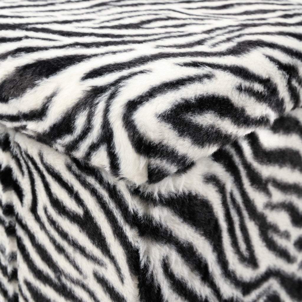12" Black and White Faux Fur Zebra Storage Ottoman - HomeRoots - Flyclothing LLC