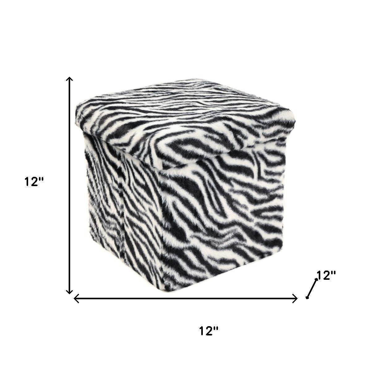 12" Black and White Faux Fur Zebra Storage Ottoman - HomeRoots - Flyclothing LLC
