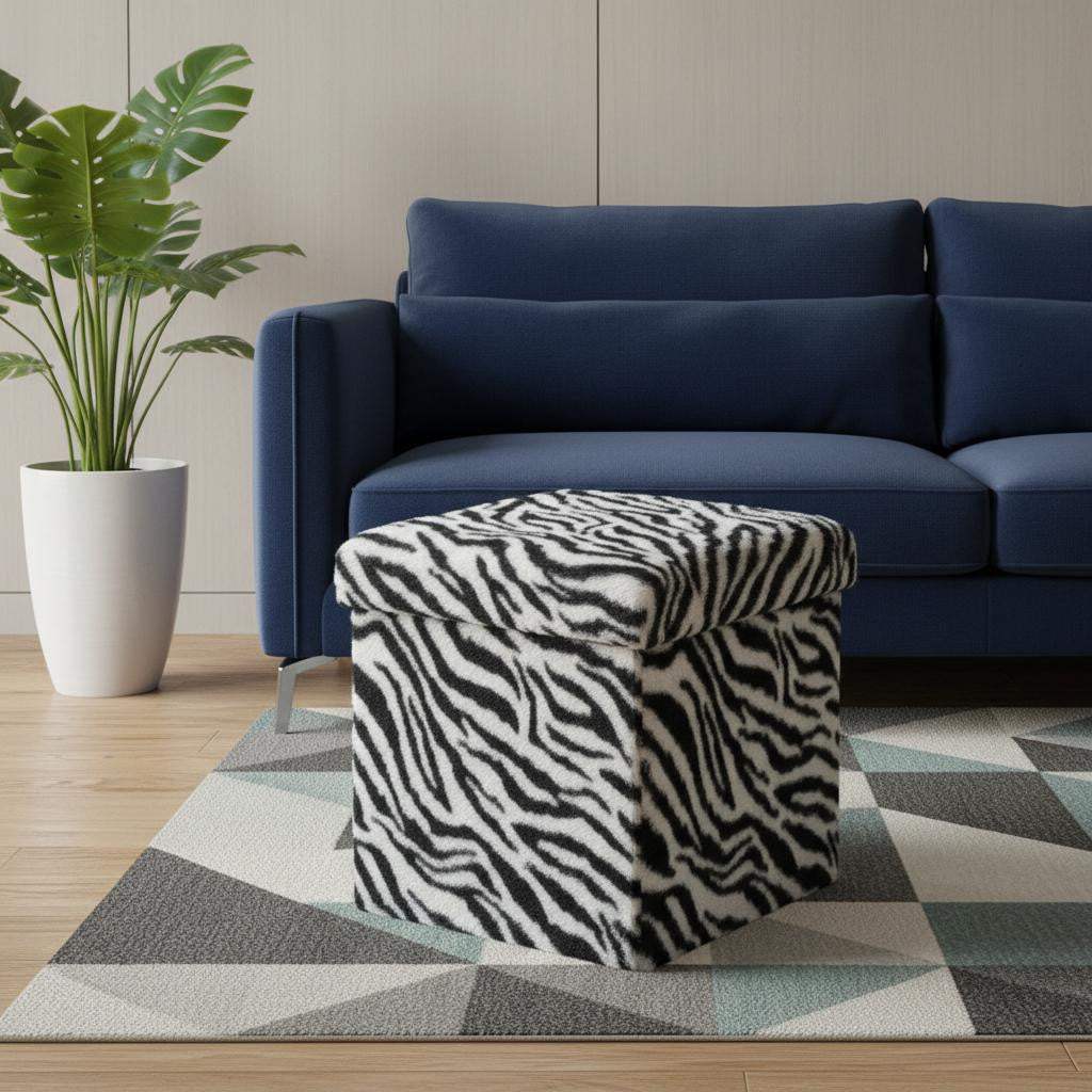 12" Black and White Faux Fur Zebra Storage Ottoman - HomeRoots - Flyclothing LLC