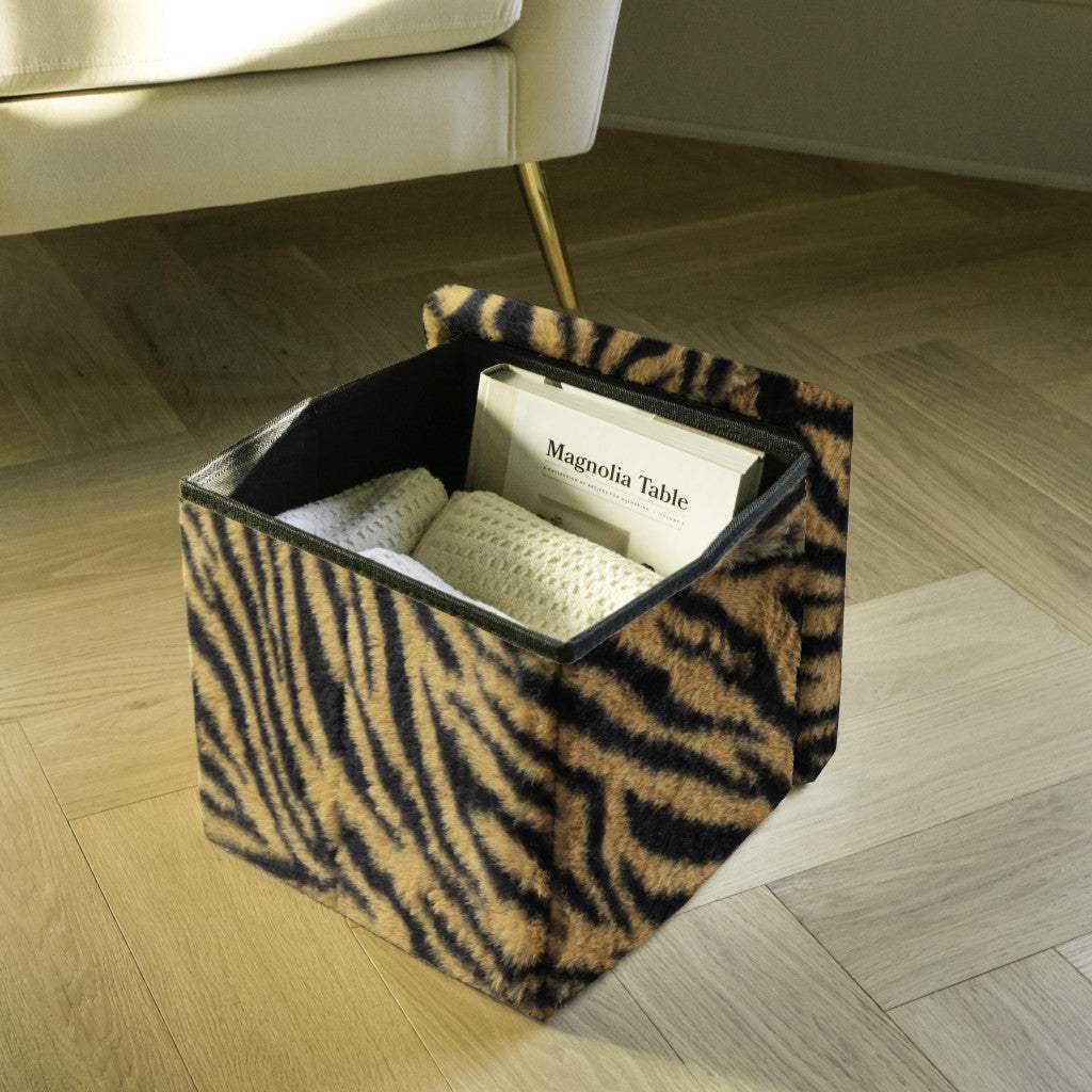 12" Black and Tan Faux Fur Tiger Storage Ottoman - HomeRoots - Flyclothing LLC