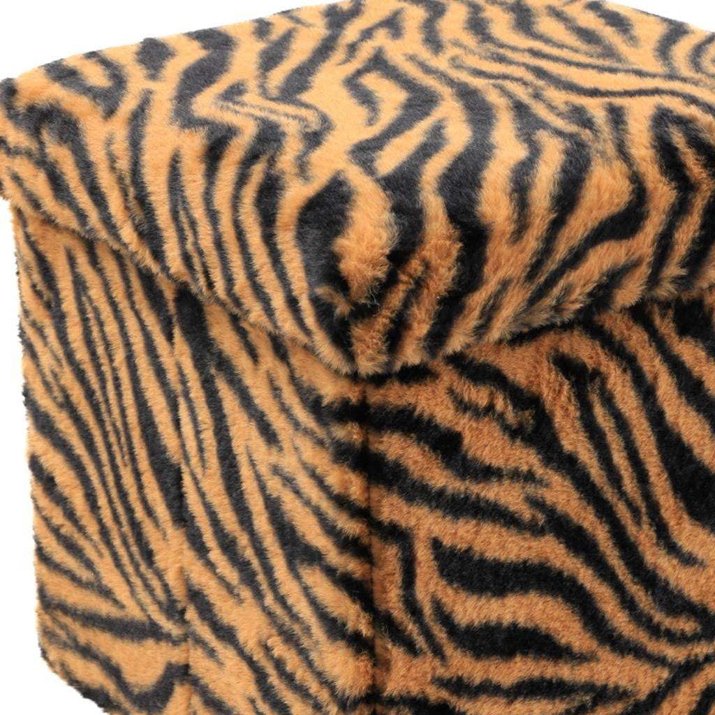 12" Black and Tan Faux Fur Tiger Storage Ottoman - HomeRoots - Flyclothing LLC