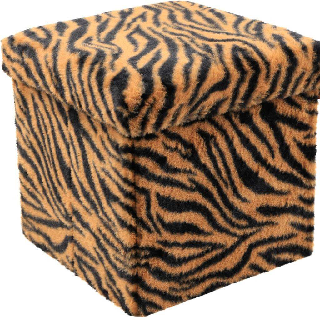 12" Black and Tan Faux Fur Tiger Storage Ottoman - HomeRoots - Flyclothing LLC