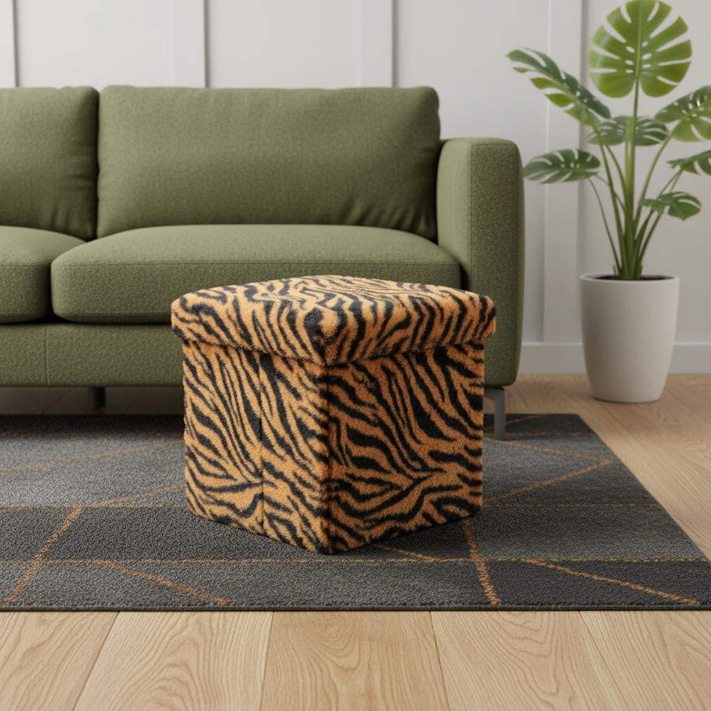 12" Black and Tan Faux Fur Tiger Storage Ottoman - HomeRoots - Flyclothing LLC