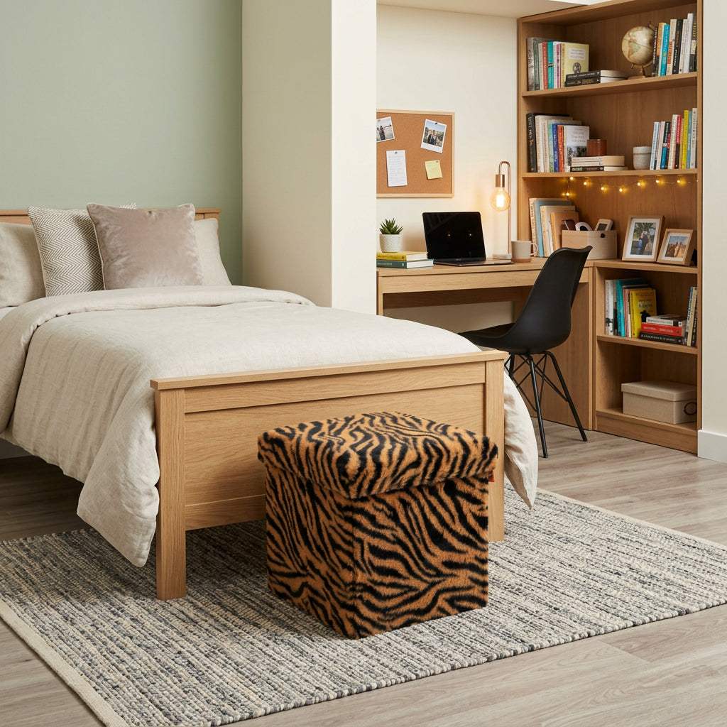 12" Black and Tan Faux Fur Tiger Storage Ottoman - HomeRoots - Flyclothing LLC