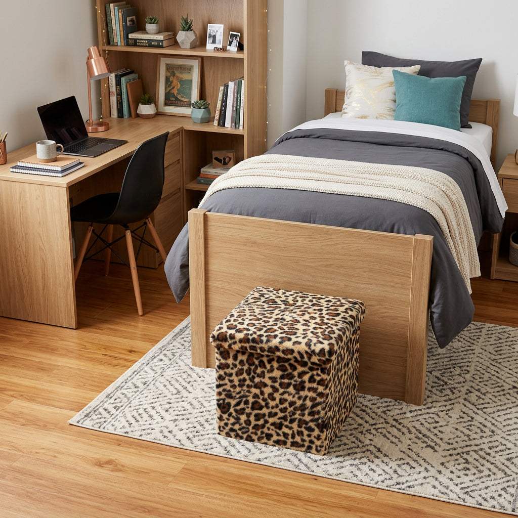 15" Tan and Black Faux Fur Leopard Storage Ottoman - HomeRoots - Flyclothing LLC