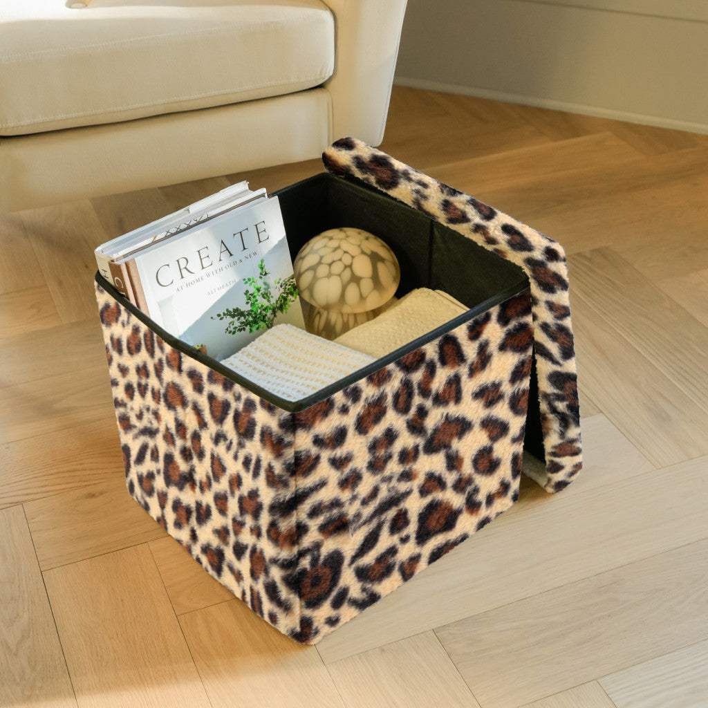 15" Tan and Black Faux Fur Leopard Storage Ottoman - HomeRoots - Flyclothing LLC