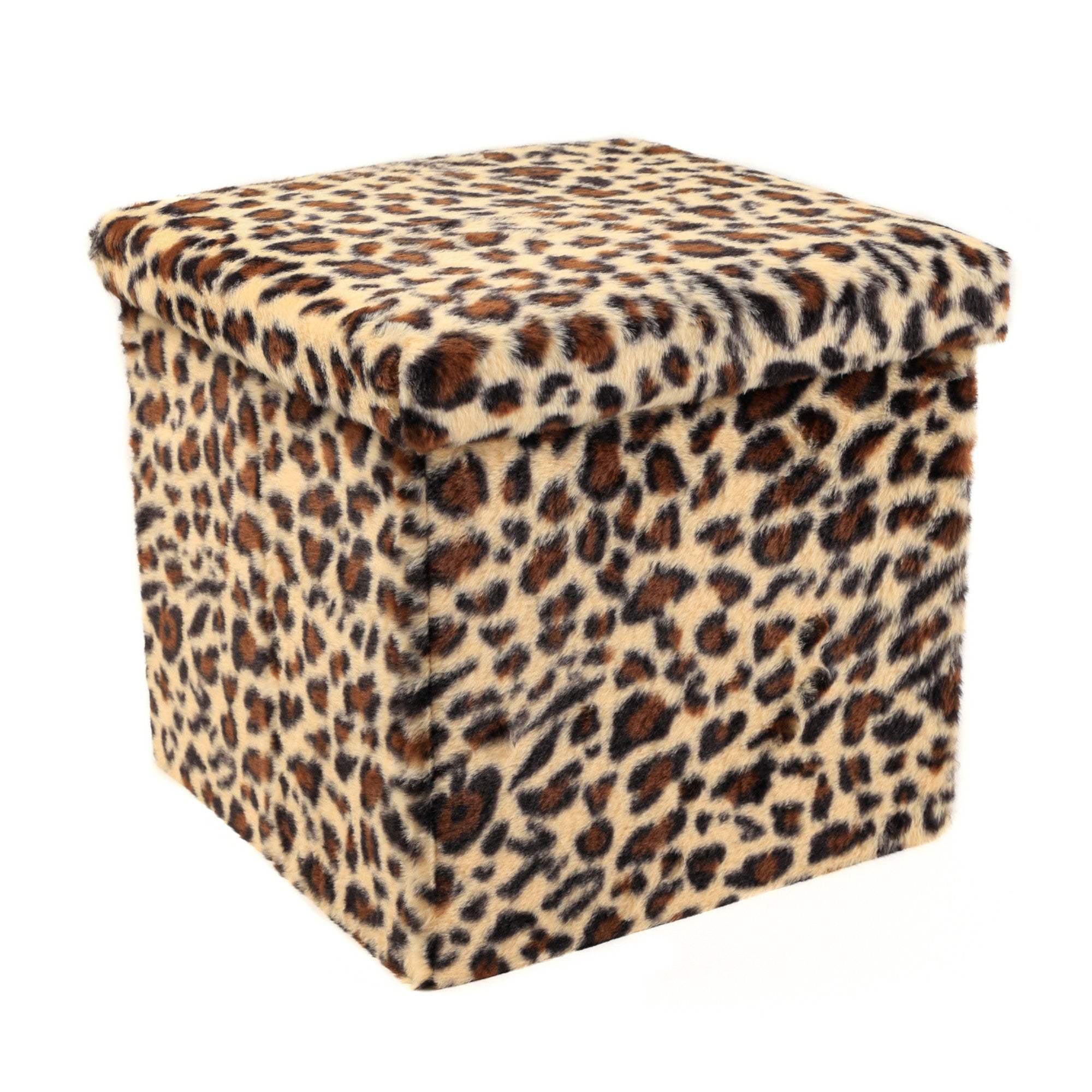 15" Tan and Black Faux Fur Leopard Storage Ottoman - HomeRoots - Flyclothing LLC
