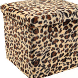 15" Tan and Black Faux Fur Leopard Storage Ottoman - HomeRoots - Flyclothing LLC
