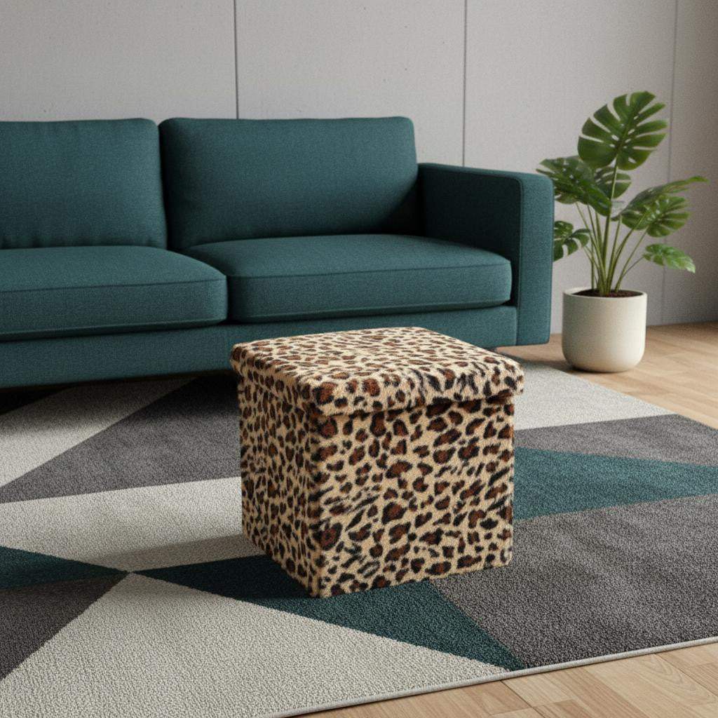 15" Tan and Black Faux Fur Leopard Storage Ottoman - HomeRoots - Flyclothing LLC