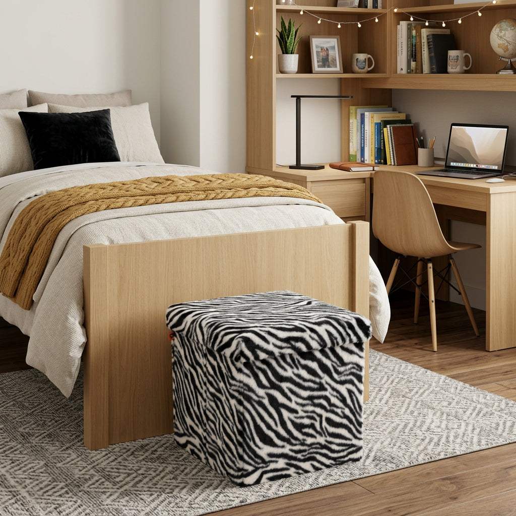 15" Black and White Faux Fur Zebra Storage Ottoman - HomeRoots - Flyclothing LLC