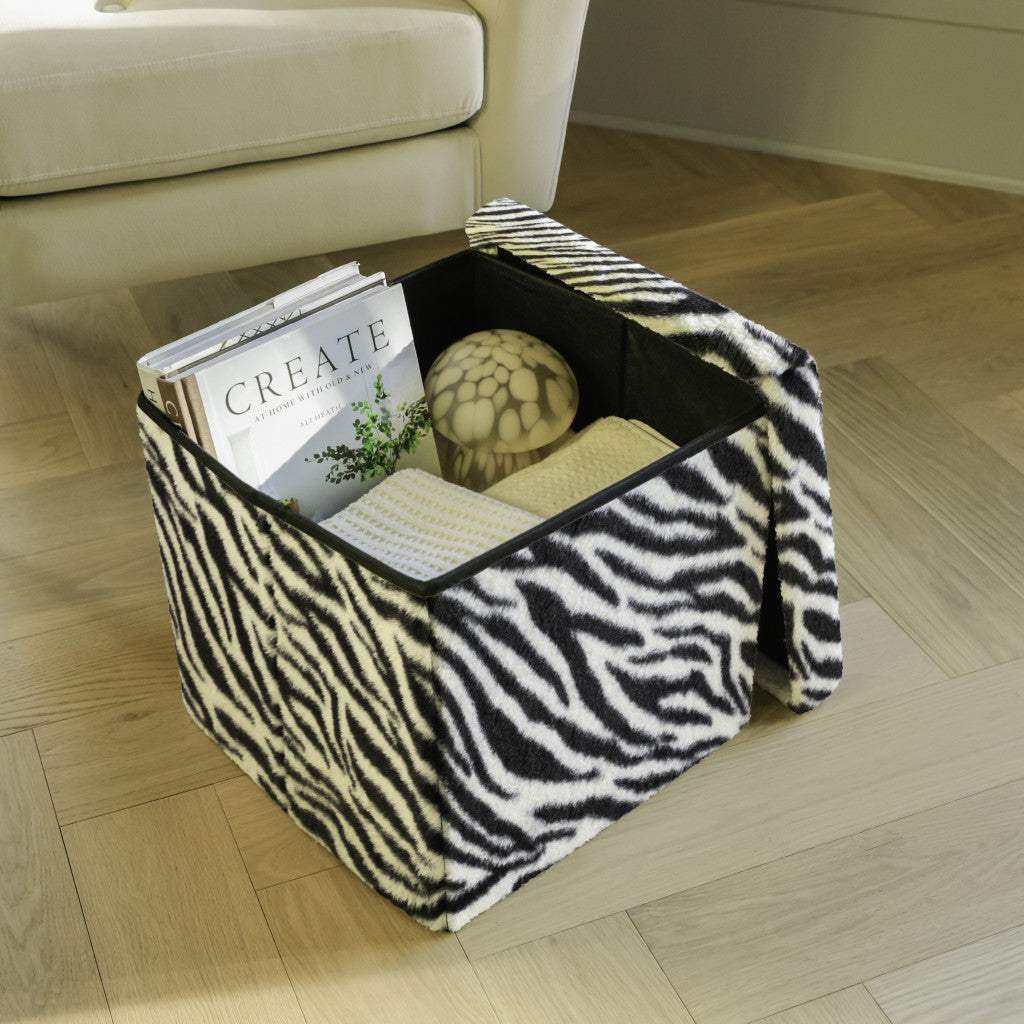 15" Black and White Faux Fur Zebra Storage Ottoman - HomeRoots - Flyclothing LLC
