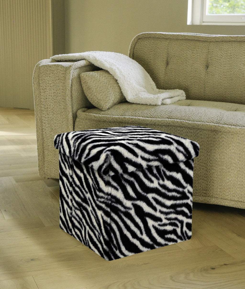 15" Black and White Faux Fur Zebra Storage Ottoman - HomeRoots - Flyclothing LLC