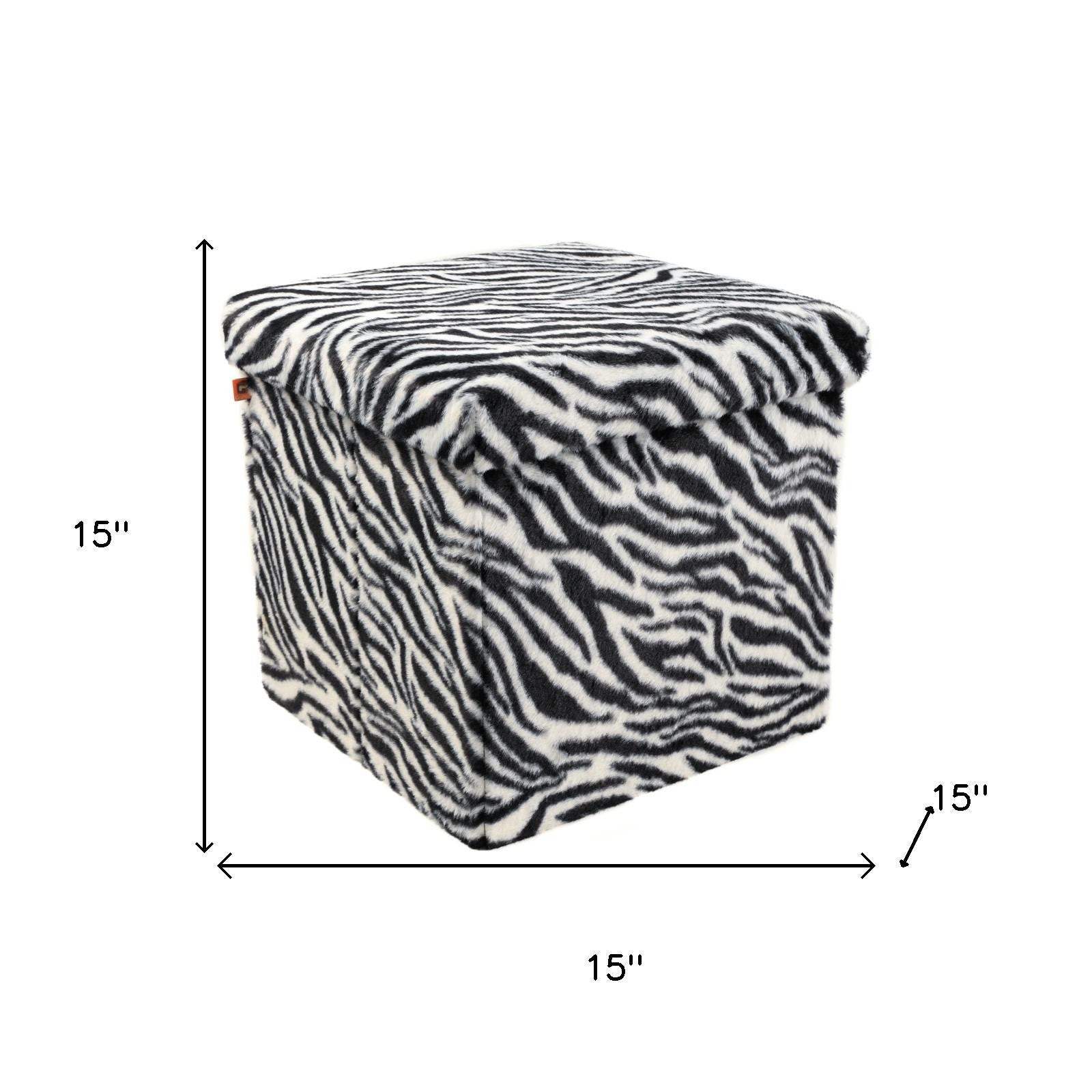 15" Black and White Faux Fur Zebra Storage Ottoman - HomeRoots - Flyclothing LLC