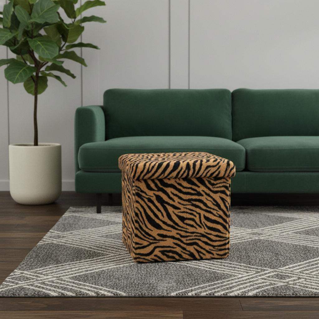 15" Tan and Black Faux Fur Tiger Storage Ottoman - HomeRoots - Flyclothing LLC