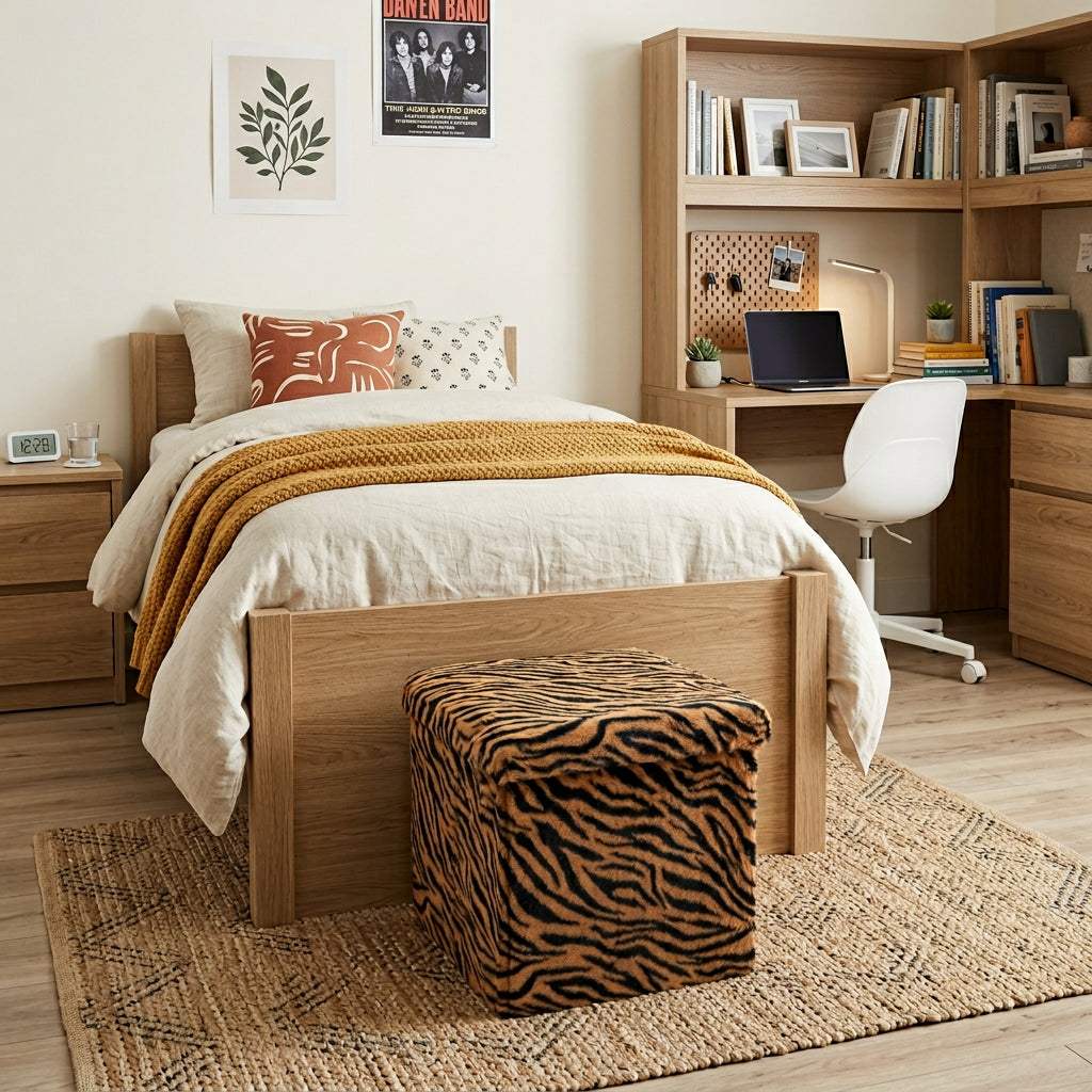 15" Tan and Black Faux Fur Tiger Storage Ottoman - HomeRoots - Flyclothing LLC