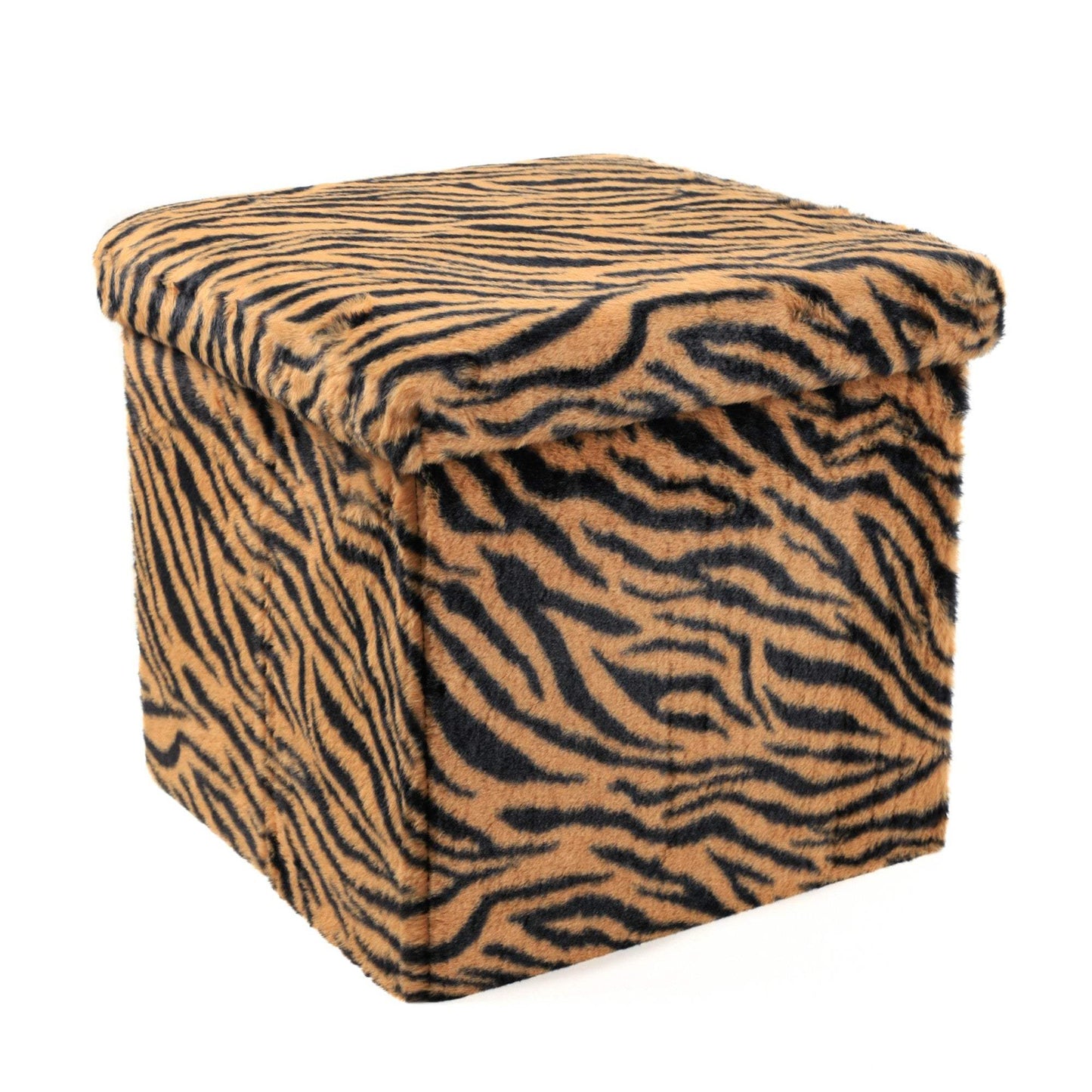15" Tan and Black Faux Fur Tiger Storage Ottoman - HomeRoots - Flyclothing LLC