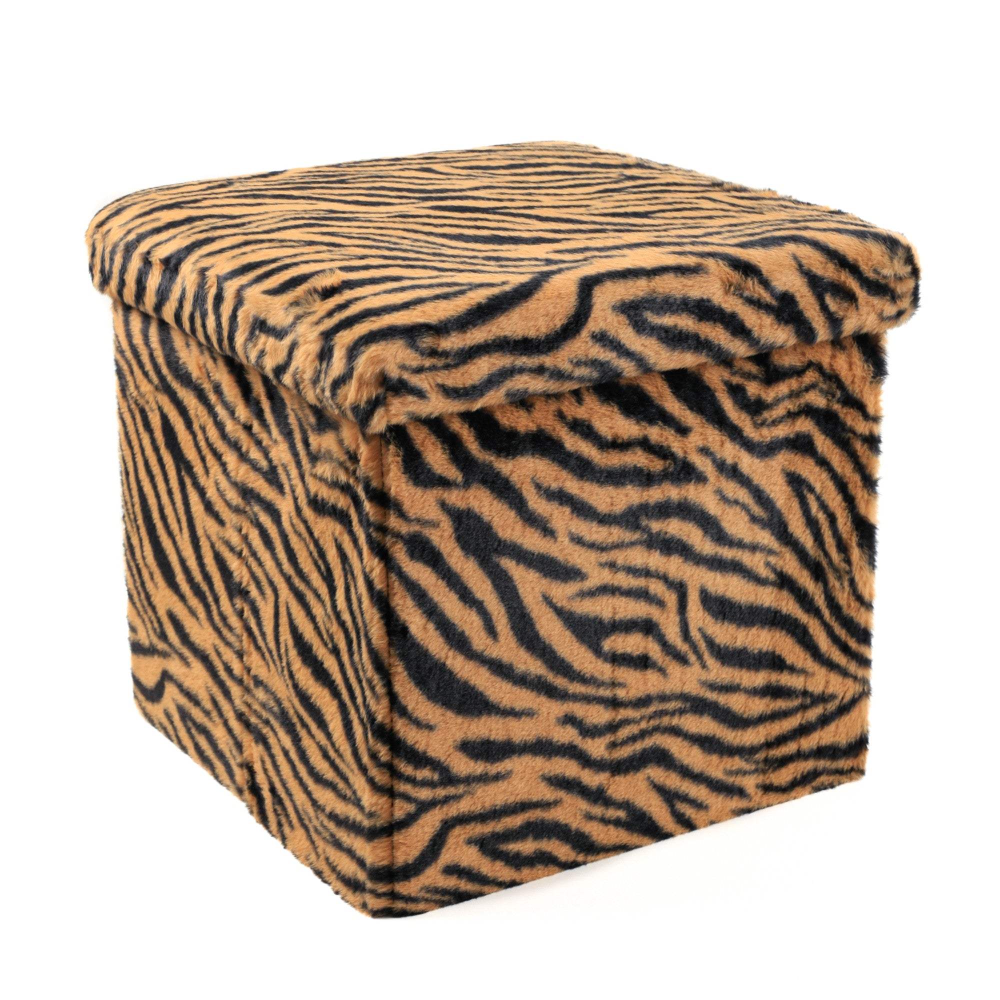 15" Tan and Black Faux Fur Tiger Storage Ottoman - HomeRoots - Flyclothing LLC