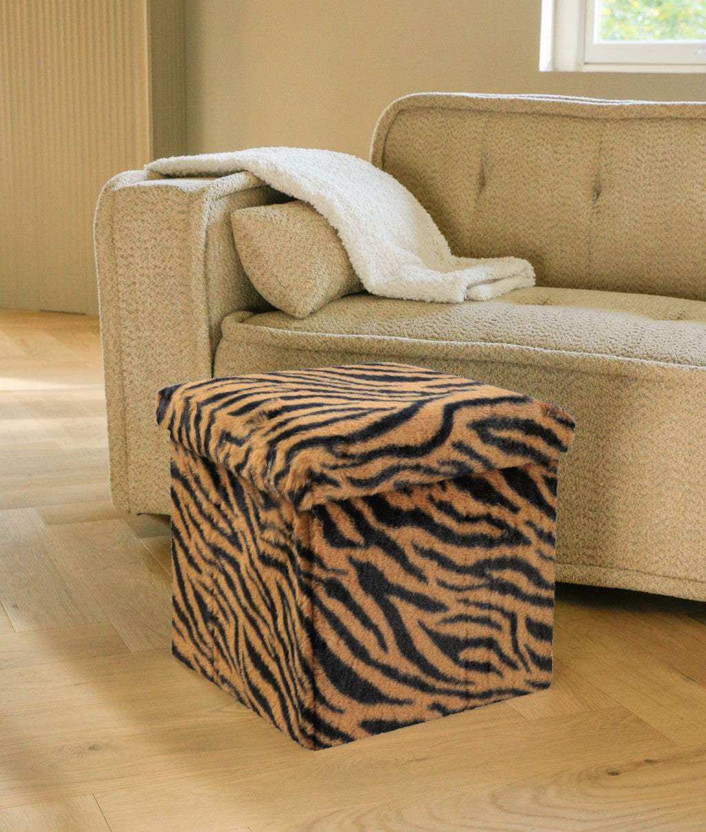 15" Tan and Black Faux Fur Tiger Storage Ottoman - HomeRoots - Flyclothing LLC
