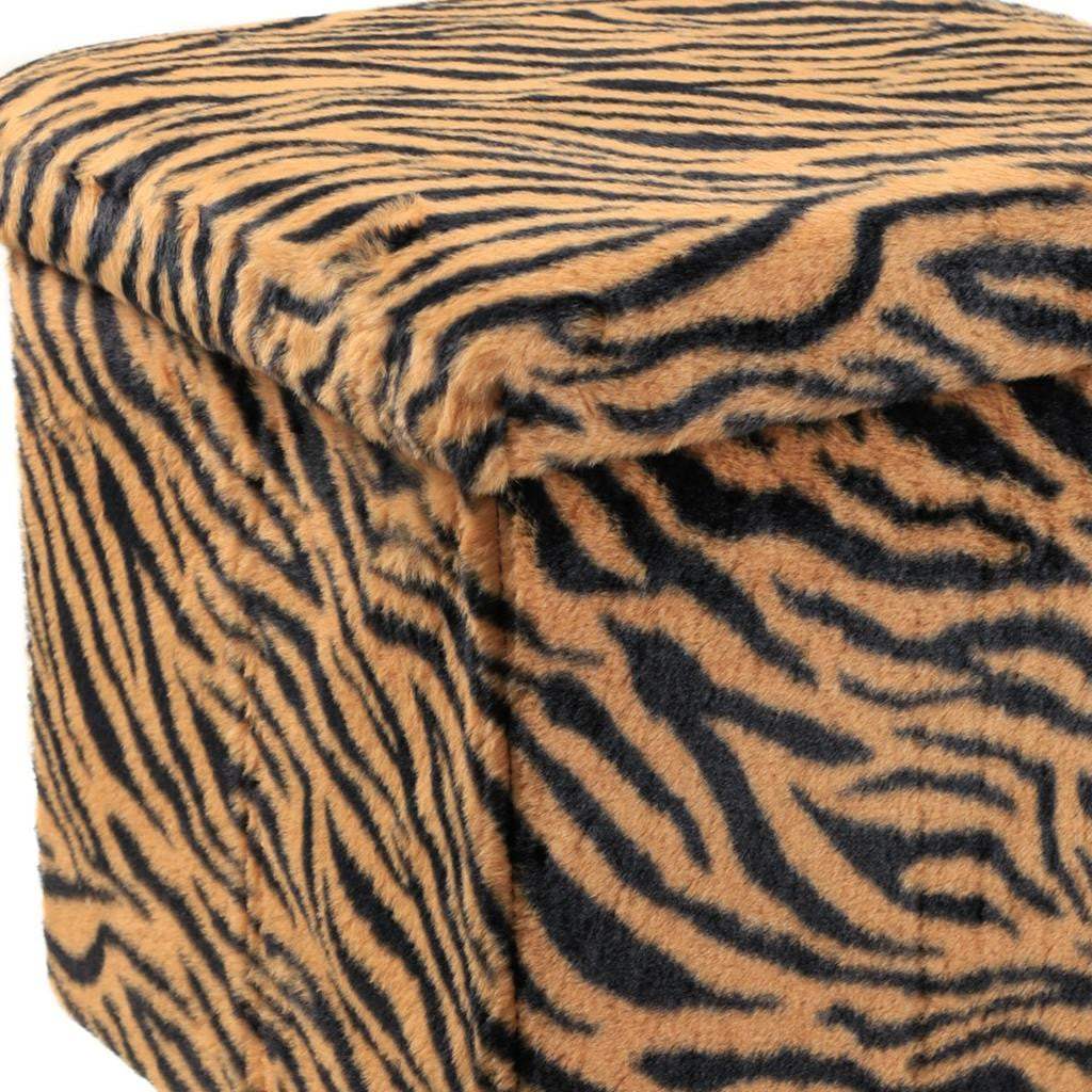 15" Tan and Black Faux Fur Tiger Storage Ottoman - HomeRoots - Flyclothing LLC