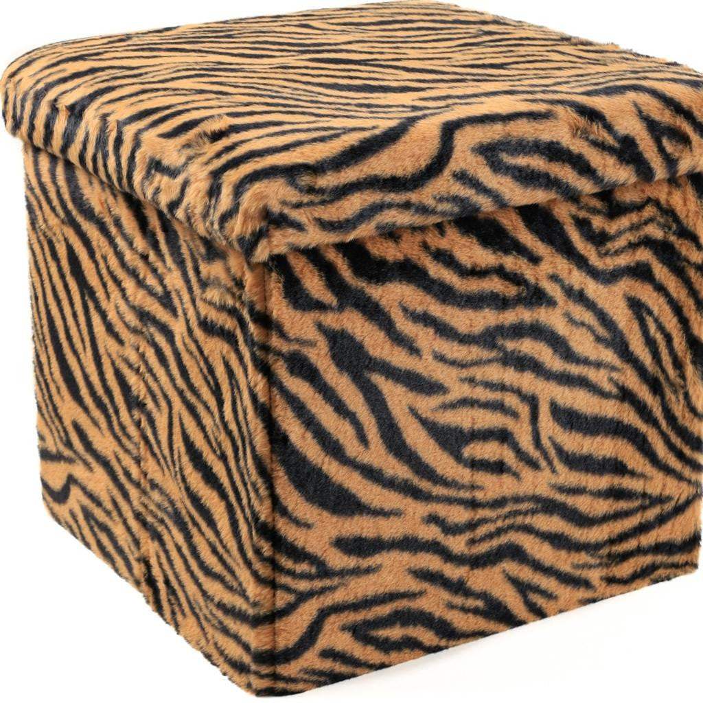 15" Tan and Black Faux Fur Tiger Storage Ottoman - HomeRoots - Flyclothing LLC