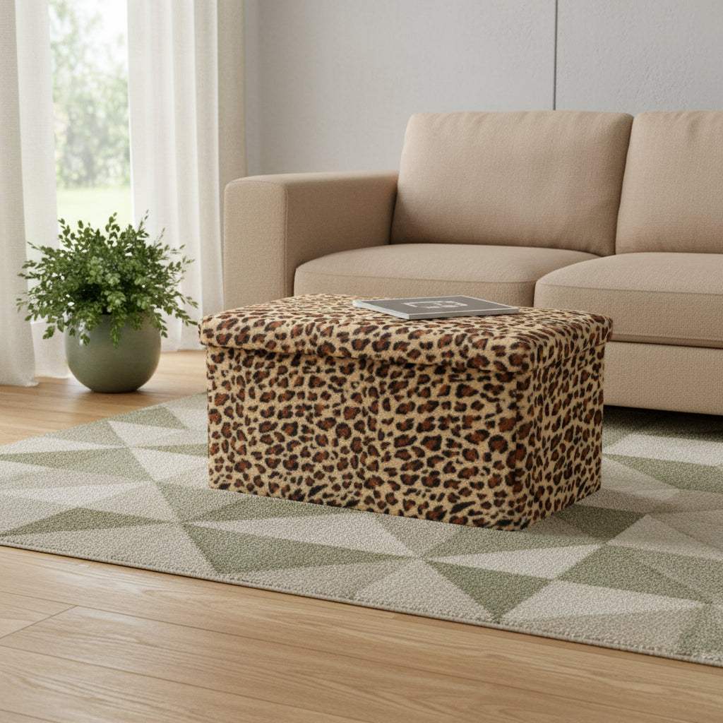 30" Tan and Black Faux Fur Leopard Storage Ottoman - HomeRoots - Flyclothing LLC