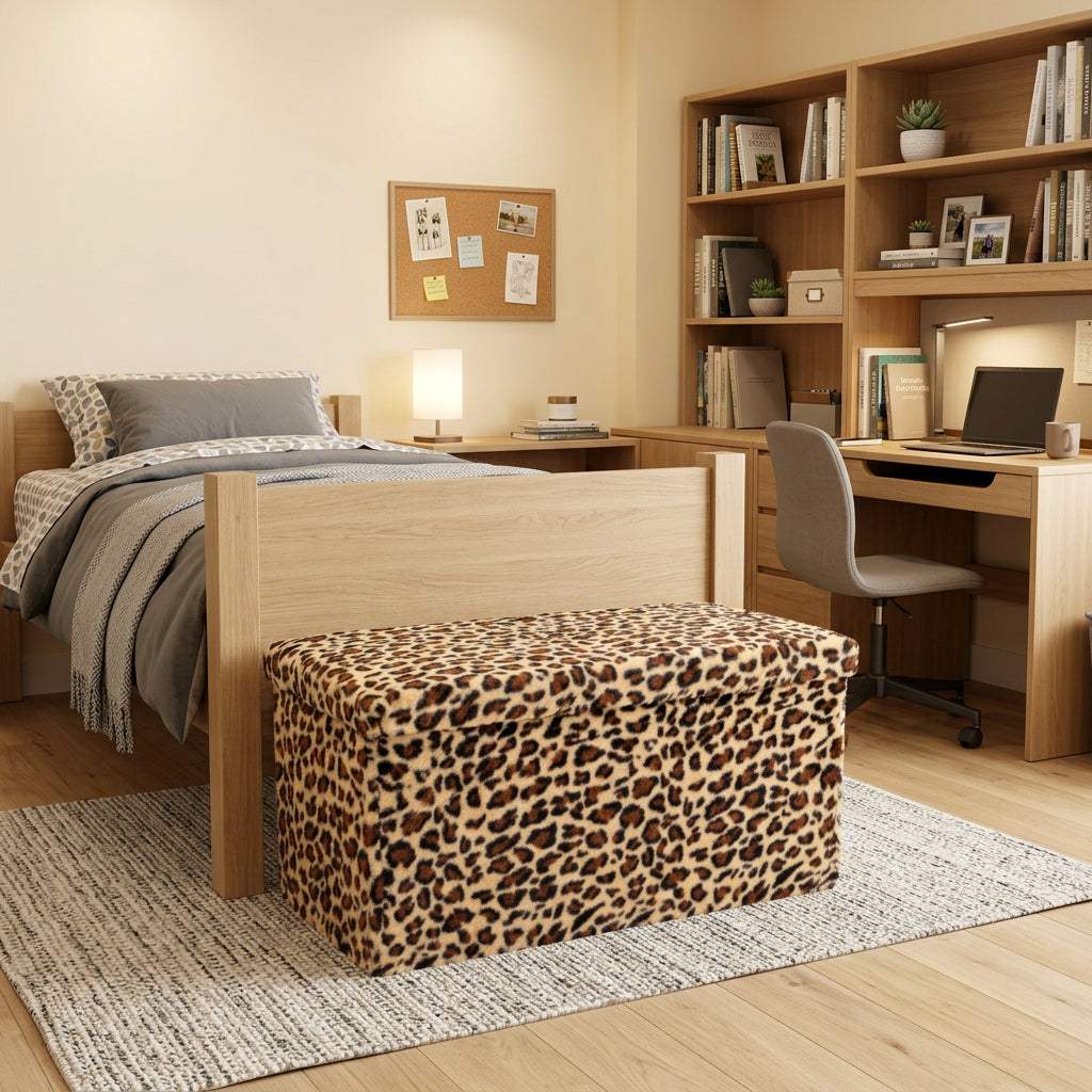 30" Tan and Black Faux Fur Leopard Storage Ottoman - HomeRoots - Flyclothing LLC