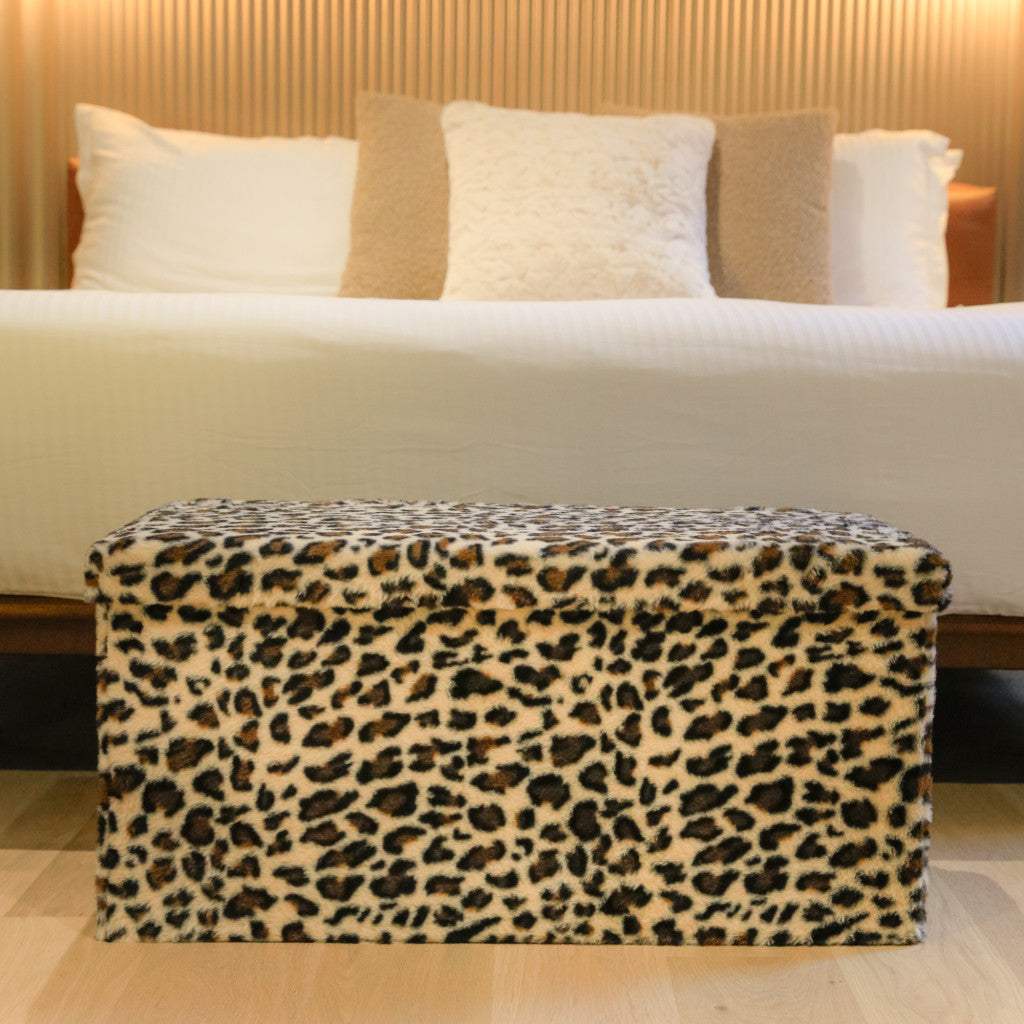 30" Tan and Black Faux Fur Leopard Storage Ottoman - HomeRoots - Flyclothing LLC