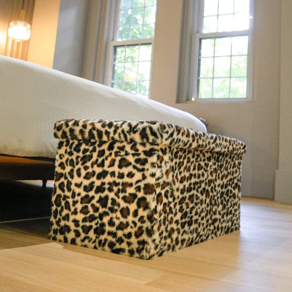 30" Tan and Black Faux Fur Leopard Storage Ottoman - HomeRoots - Flyclothing LLC