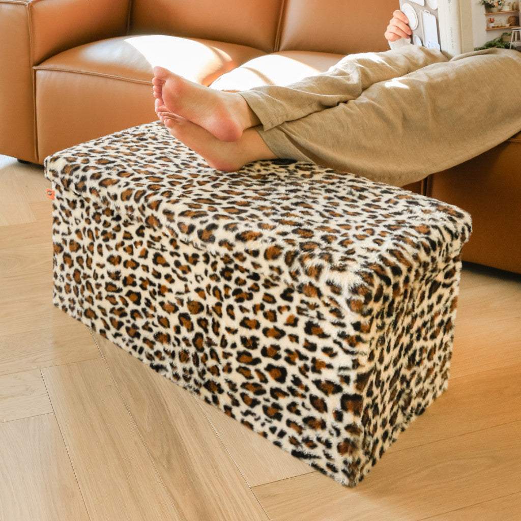 30" Tan and Black Faux Fur Leopard Storage Ottoman - HomeRoots - Flyclothing LLC