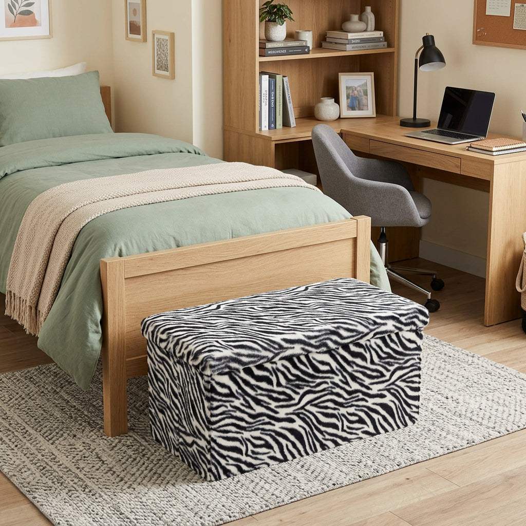 30" Black and White Faux Fur Zebra Storage Ottoman - HomeRoots - Flyclothing LLC