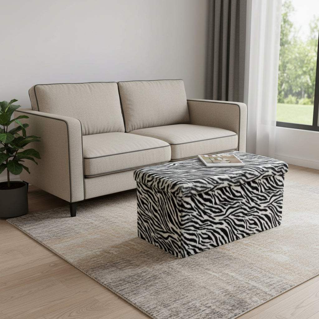 30" Black and White Faux Fur Zebra Storage Ottoman - HomeRoots - Flyclothing LLC