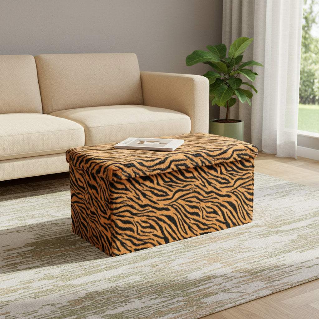 30" Black and Tan Faux Fur Tiger Storage Ottoman - HomeRoots - Flyclothing LLC