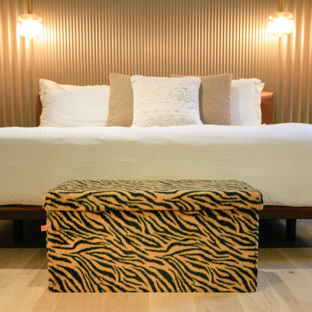 30" Black and Tan Faux Fur Tiger Storage Ottoman - HomeRoots - Flyclothing LLC