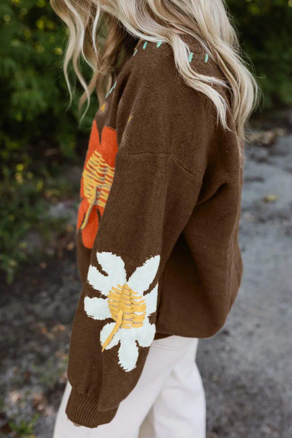 Flower V-Neck Dropped Shoulder Sweater - Trendsi - Flyclothing LLC