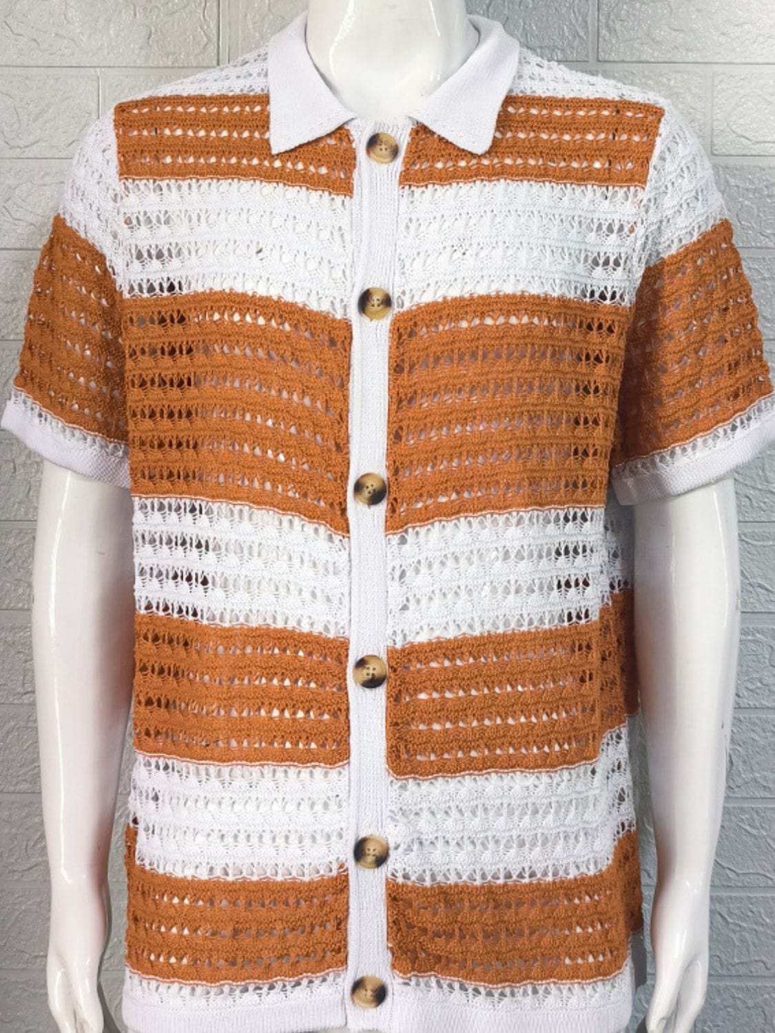 Men's Button Down Collared Neck Contrast Openwork Shirt - Trendsi - Flyclothing LLC