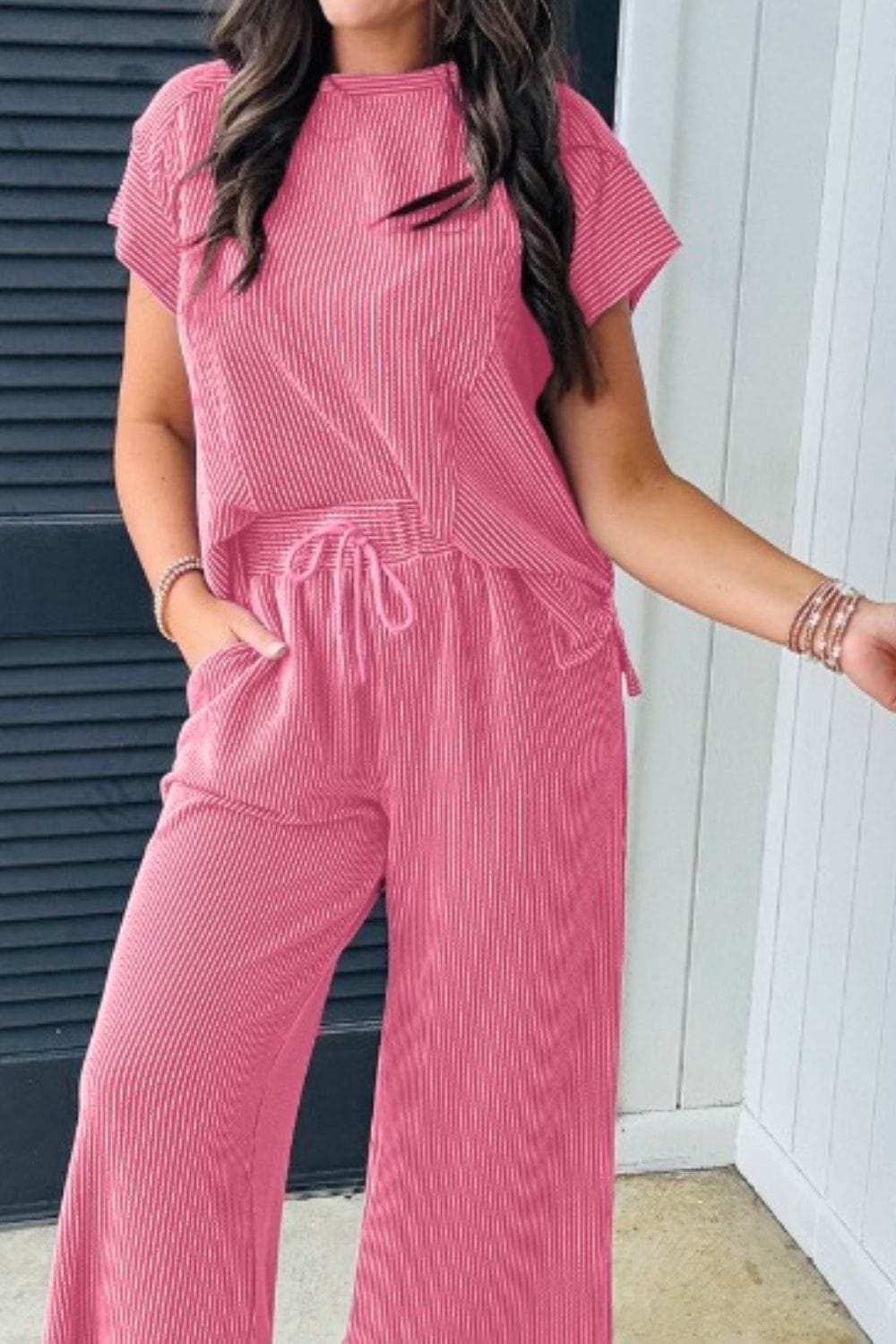 Corded Knit Short Sleeve T-Shirt and Wide Leg Pants Set - Trendsi - Flyclothing LLC