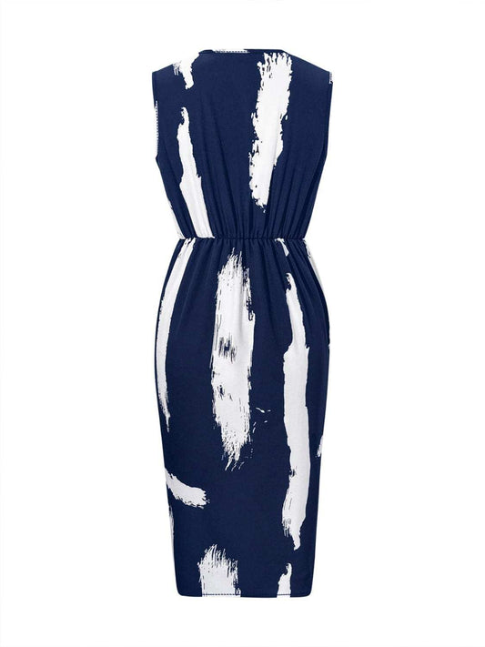 Printed Surplice Sleeveless Knee Length Dress - Trendsi - Flyclothing LLC