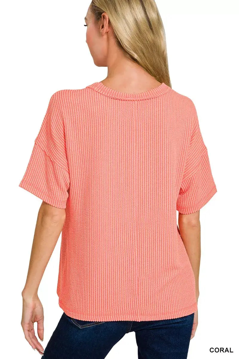 Zenana Raised Rib Exposed Seam Short Sleeve Top - Trendsi - Flyclothing LLC