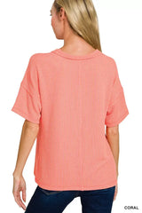 Zenana Raised Rib Exposed Seam Short Sleeve Top - Trendsi - Flyclothing LLC