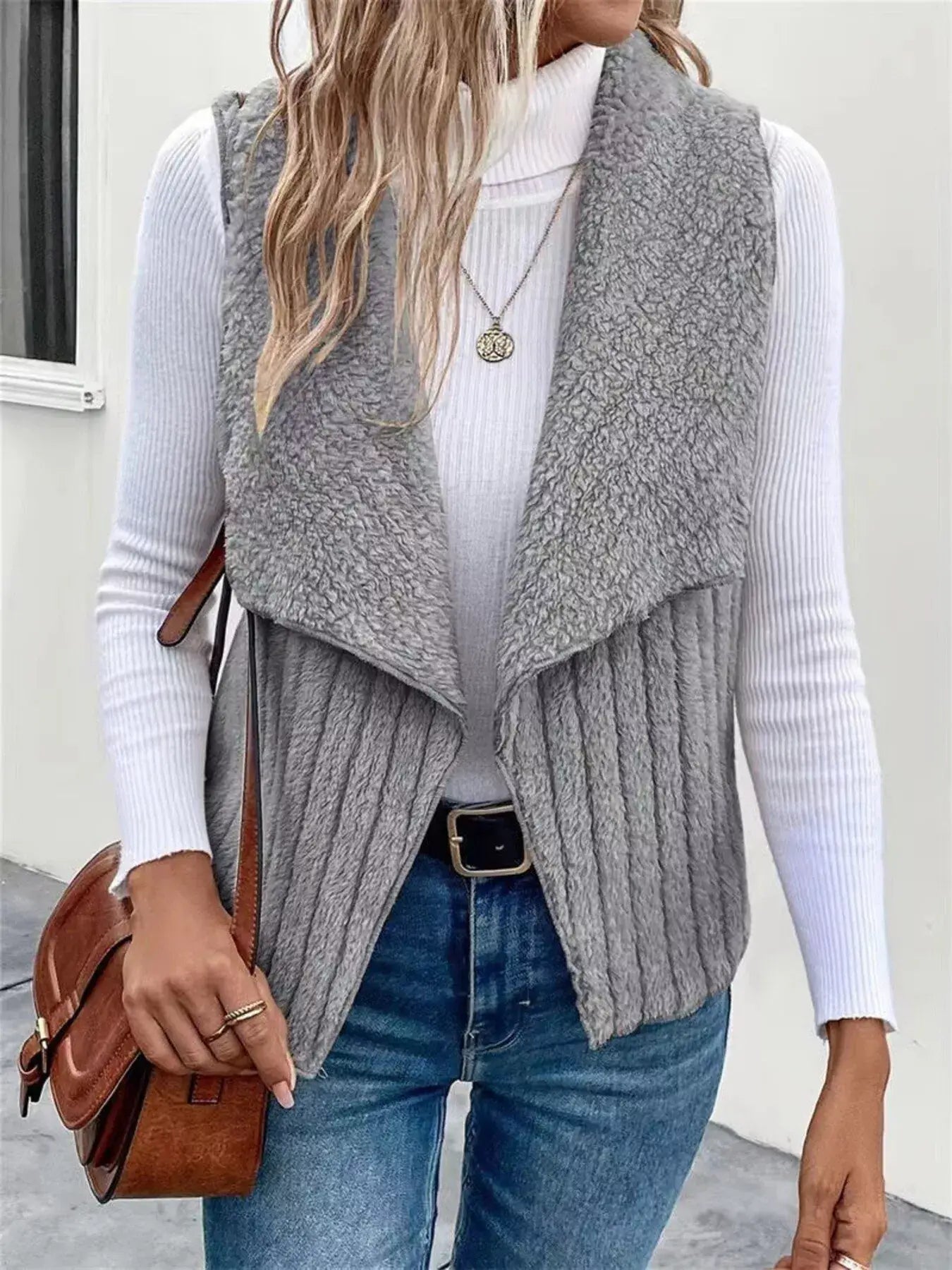 Cozy Fleece Open Front Vest Coat - Trendsi - Flyclothing LLC