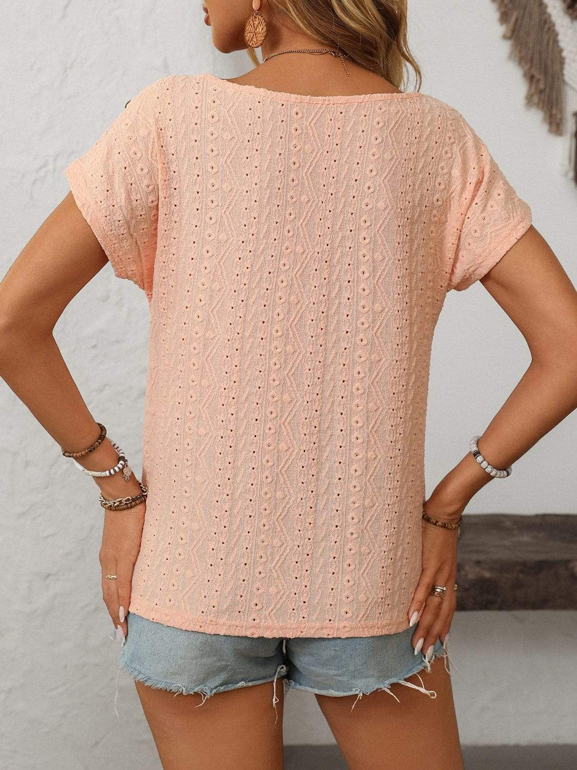 Mandy Eyelet Round Neck Short Sleeve Top - Trendsi - Flyclothing LLC
