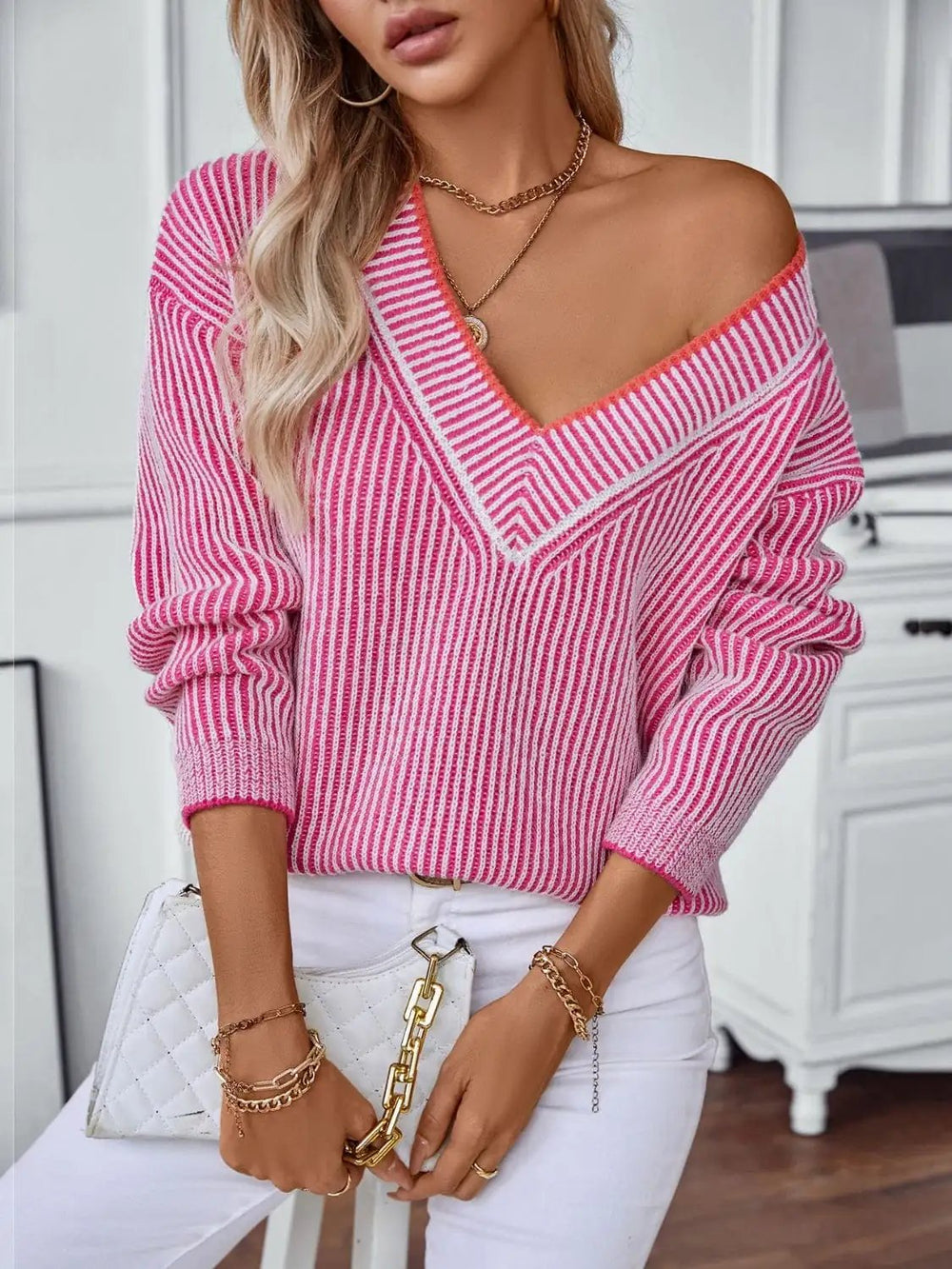 Striped V-Neck Long Sleeve Sweater - Trendsi